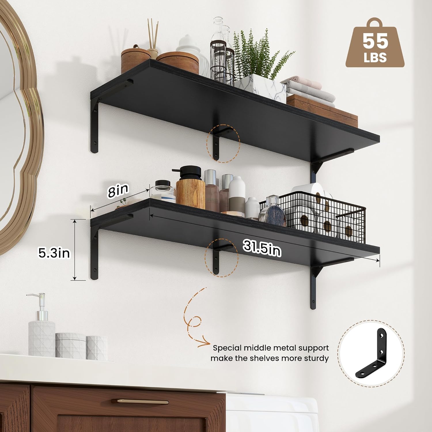 Fun Memories Deep Floating Shelves, 32W x 8D Floating Shelves Set of 2, Wall Mounted Shelf with Metal Brackets, Rustic Wood Wall Shelf for Bathroom, Kitchen and Living Room, Black