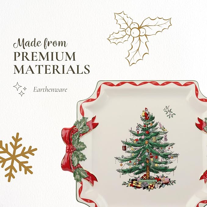 Spode Christmas Tree Ribbons Square Platter with Bow Handles - 11-Inch Holiday Serving Plate for Desserts, Appetizers, & Treats - Festive Christmas Dinnerware with Gold Accents - Dishwasher Safe