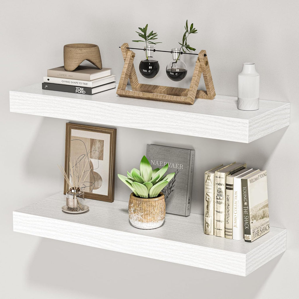 Floating Shelves for Wall, 24" W x 6.7" D x 1.5" H, Wooden Wall Mounted Display Shelves with Invisible Brackets for Living Room, Bedroom, Bathroom, Kitchen Decor and Storage, Set of 2, White