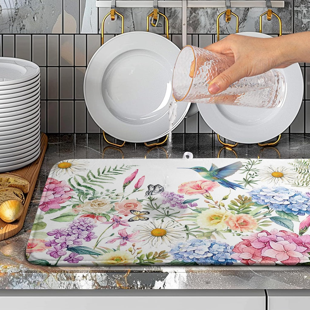 Spring Floral Birds Dish Drying Mat Summer Butterfly Flowers Kitchen Dish Drying Pad Daisy Absorbent Dish Dryer Mat for Kitchen Countertops Microfiber Dishes Drainer Pad (18x24 in)