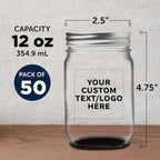 DISCOUNT PROMOS 50 Decorating Mason Jars Set, 12 oz. - Customizable Text, Logo - Canning, Aluminum Lid - Black