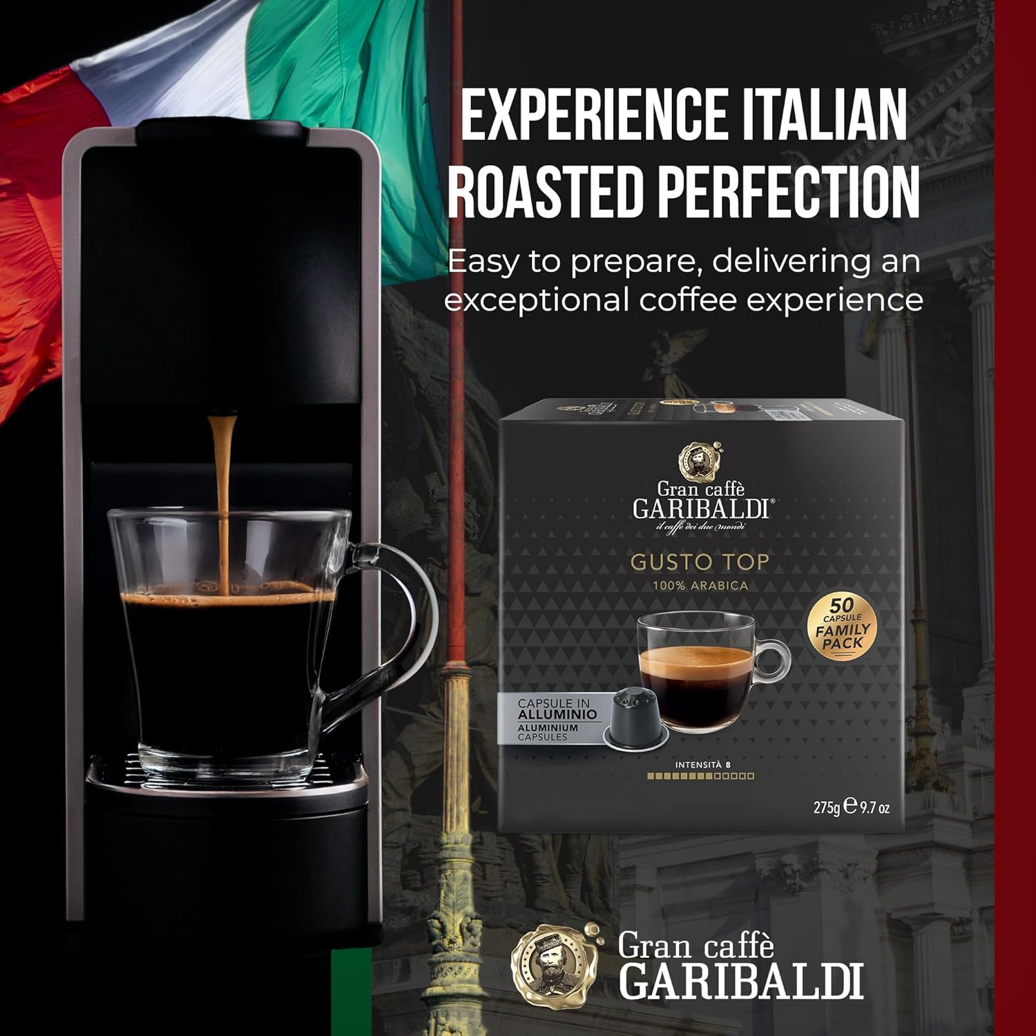 Gran Caffè Garibaldi Espresso Pods, Italian Roasted Compatible Nespresso Original Line Machines, 100% Arabica Blend, Brazilian & Central American Beans, Cocoa Aroma - Gusto Top (Aluminum) 50 Cups