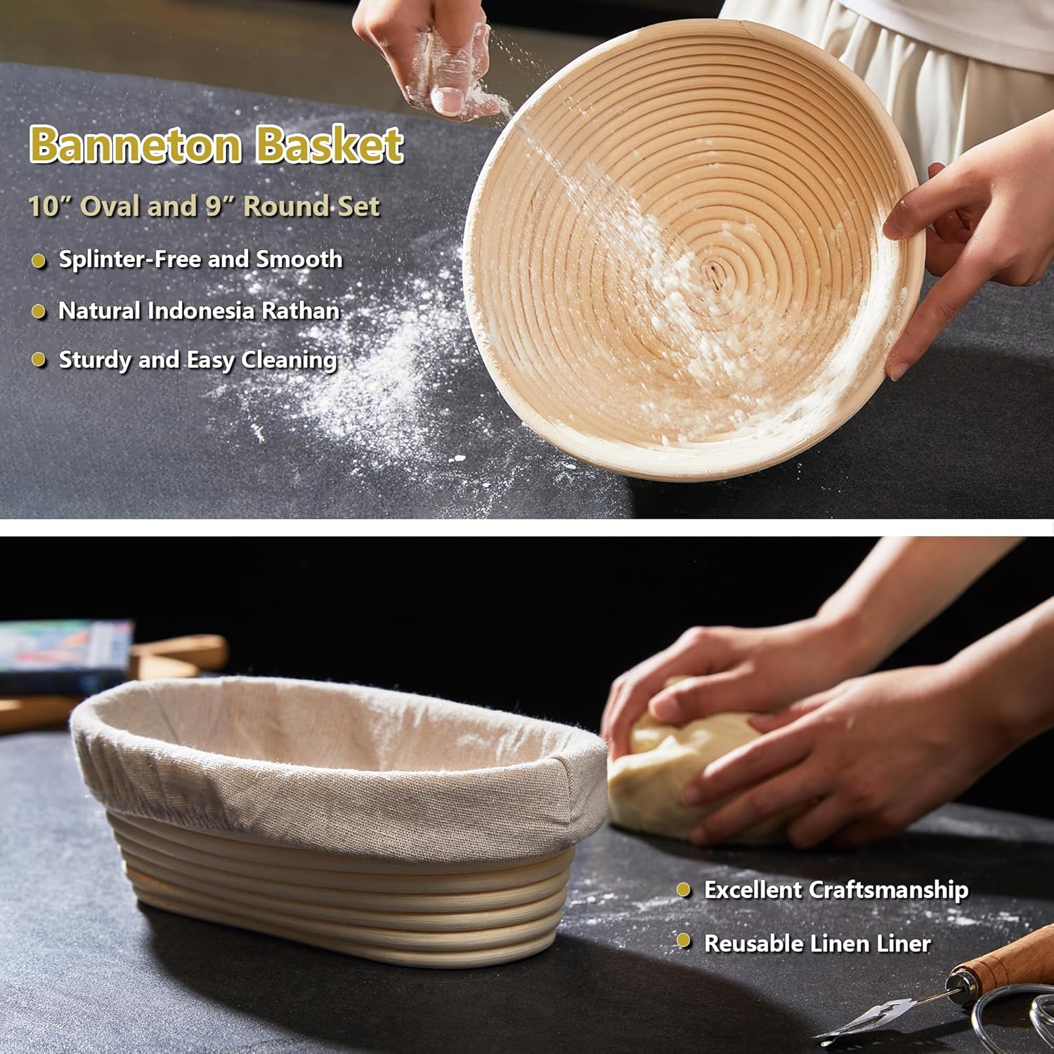 Sourdough Bread Baking Set - 10 Inch Oval & 9 Inch Round Banneton Bread Proofing Baskets with Linen Liner, Danish Dough Whisk, Dough Scraper Kit