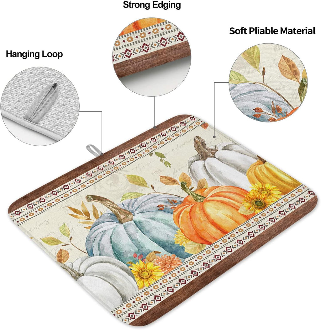 Fall Dish Drying Mat for Kitchen Counter Pumpkin Drying Pad Absorbent Drying Mats for Countertops Sinks Draining Racks Sunflower Eucalyptus Leaves Drainer Holiday Harvest Thanksgiving Decor 18x24