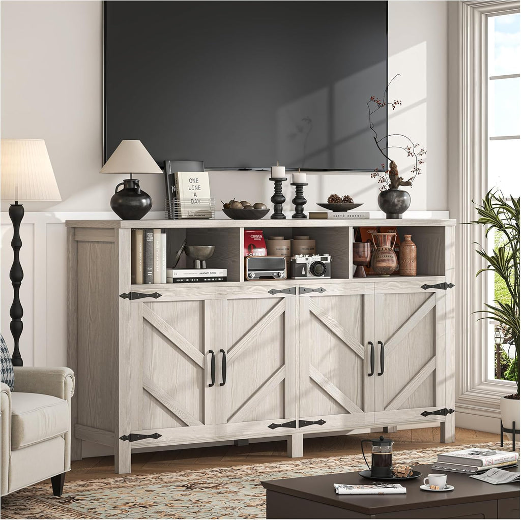 Buffet Cabinet with Storage Farmhouse with 4 Doors, 55'' Large Kitchen Storage Cabinet Wood Coffee Bar Buffet Sideboard for Kitchen, Dining Room, Entryway