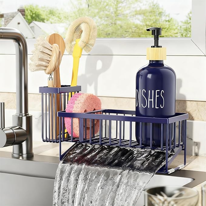 Cisily Navy Blue Sink Caddy Organzier with High Brush Holder, Sponge Holder for Sink, 304 Rustproof Stainless, Kitchen Countertop Soap Dispenser Organizer, Gray Blue Kitchen Decor and Accessories