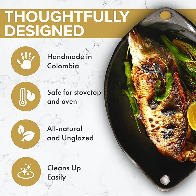 Authentic Chamba Oval Platter with Handles - Elegant, All-Natural Black Clay Roasting Pan for Baking, Roasting and Serving - Stovetop & Oven Safe – Handmade in Colombia – 8 Inches Long