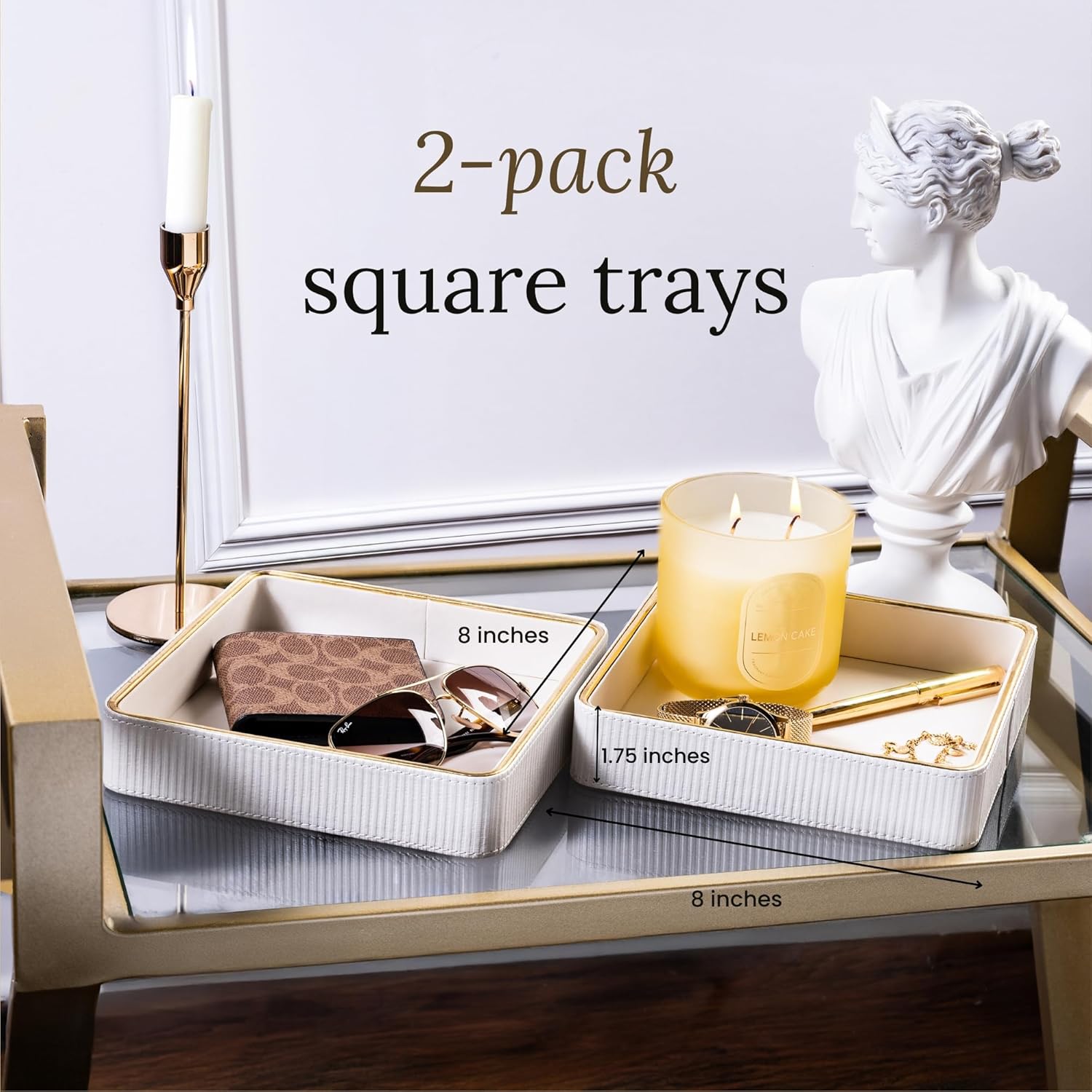 2 Pack White Catch All Trays for Jewelry| Small Leather Valet Tray| Key Bowl for Entryway Table EDC Trinket Tray Catch All| Perfume Trays for Dresser Organizer Perfume Holder (Set of 2)