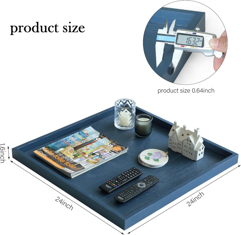 Square Ottoman Table Tray 24" - Rustic Wooden Serving Tray for Farmhouse Decorative Oversized Coffee Table Trays Living Room Kitchen Counter Breakfast Blue