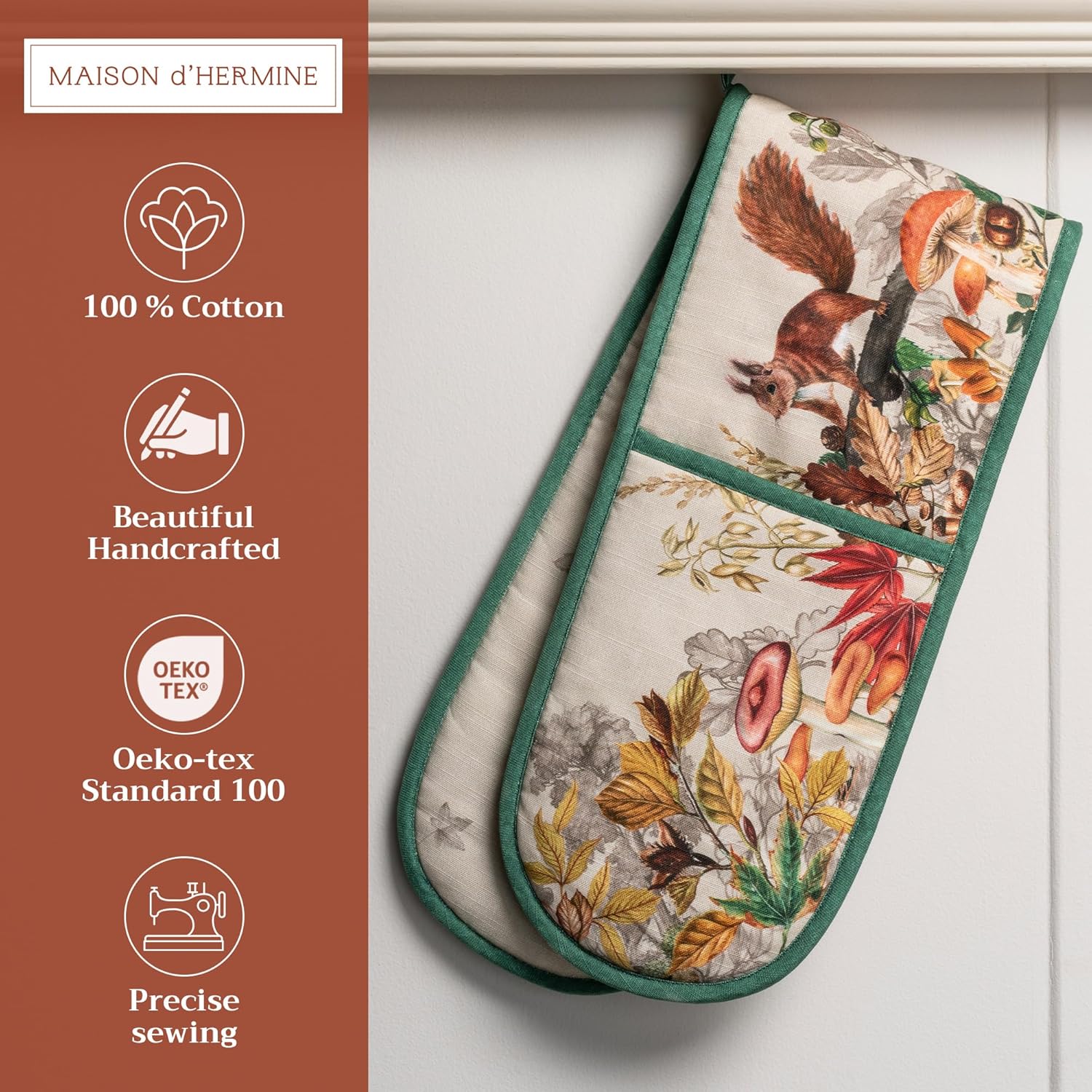 Maison d' Hermine Double Oven Mitts 100% Cotton 7"x35" Double Oven Mitt Heat Resistant BBQ Cooking Gloves with Loop, Baking, Grilling, Home, Kitchen, Handling Hot Pans (Recolte)