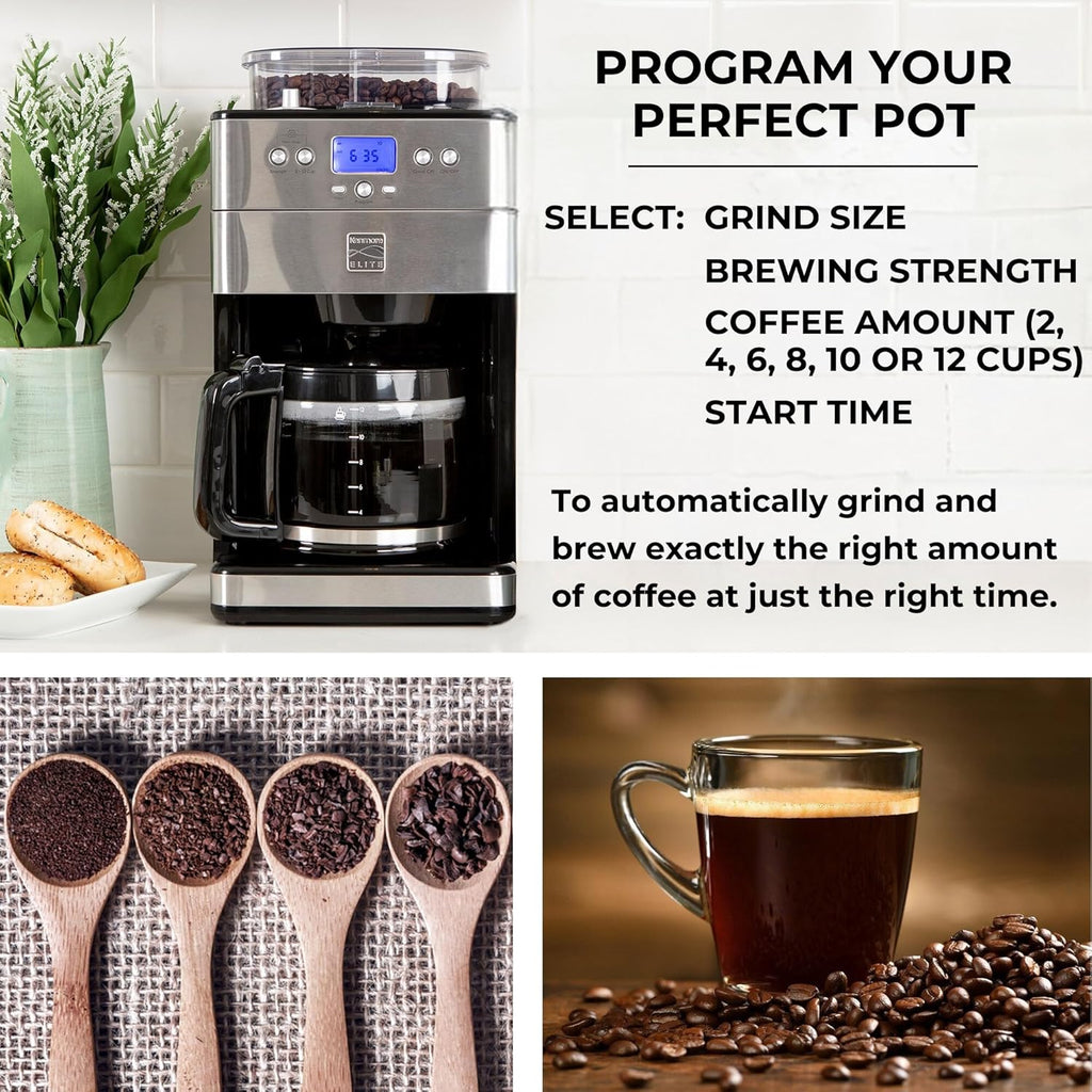 Kenmore Elite Grind And Brew Coffee Maker - Burr Grinding Ground Coffee Bean Hopper With Drip Pot, 12 Cup Programmable Automatic Brew Coffee Machine For Barista Style Cafetera, Use For Kitchen & Café