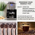 Kenmore Elite Grind And Brew Coffee Maker - Burr Grinding Ground Coffee Bean Hopper With Drip Pot, 12 Cup Programmable Automatic Brew Coffee Machine For Barista Style Cafetera, Use For Kitchen & Café