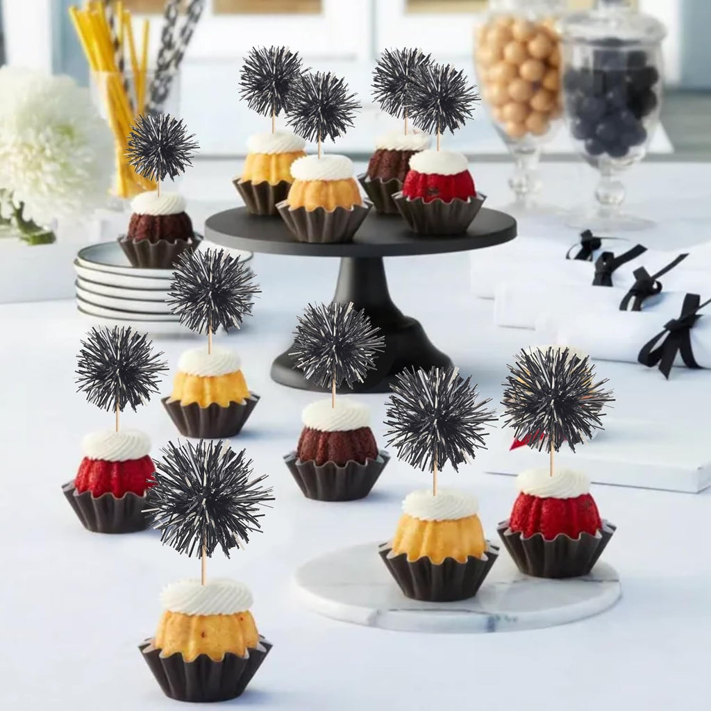 40 PCS Black Foil Firework Cupcake Toppers Sparkle Tinsel Cupcakae Picks Sparkler Fireworks Party Decorations Cocktail Fruit Toothpick for Birthday Wedding Graduation Party Decorations Supplies
