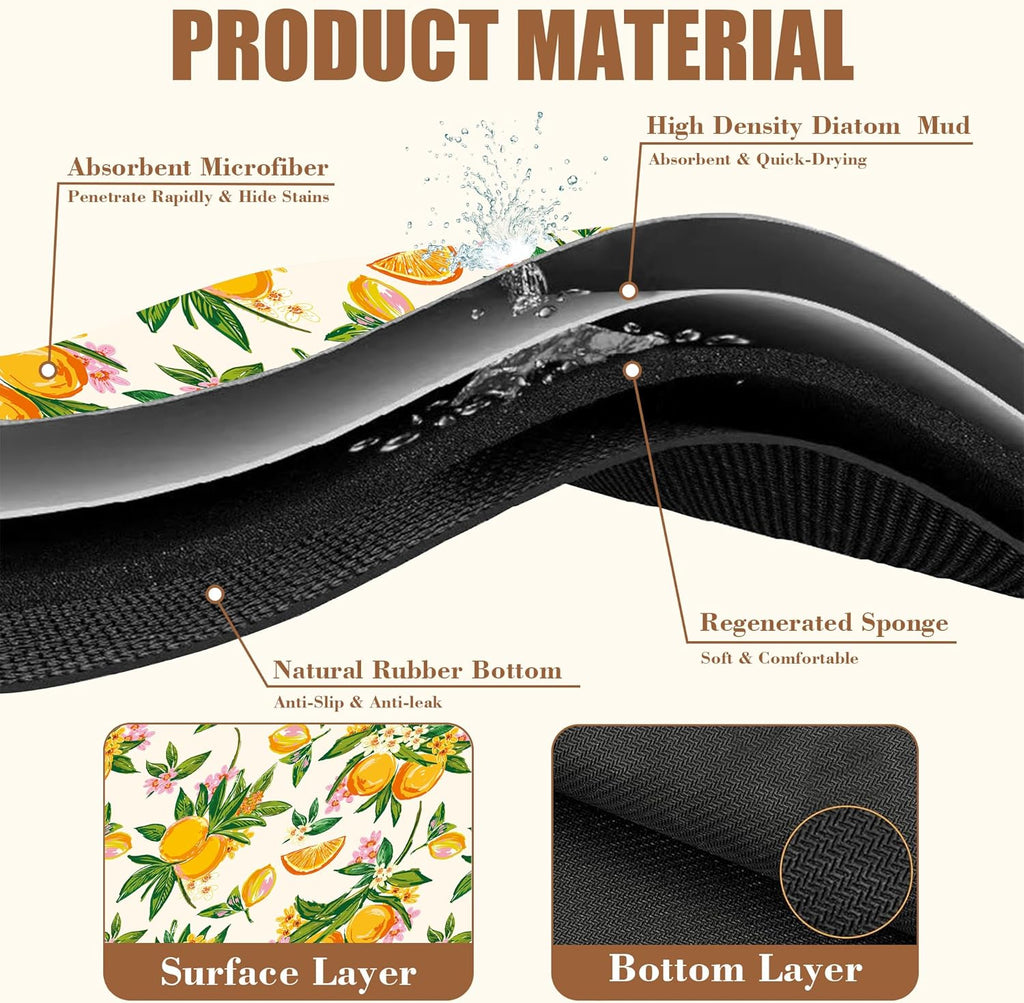 Dish Drying Mat Orange Fruit Floral Coffee Bar Mat for Countertop Absorbent Hide Stain Rubber Backed Dish Drainer Rack Pad Espresso Machine Dining Room Decoration 11.8 x 19.7 Inch