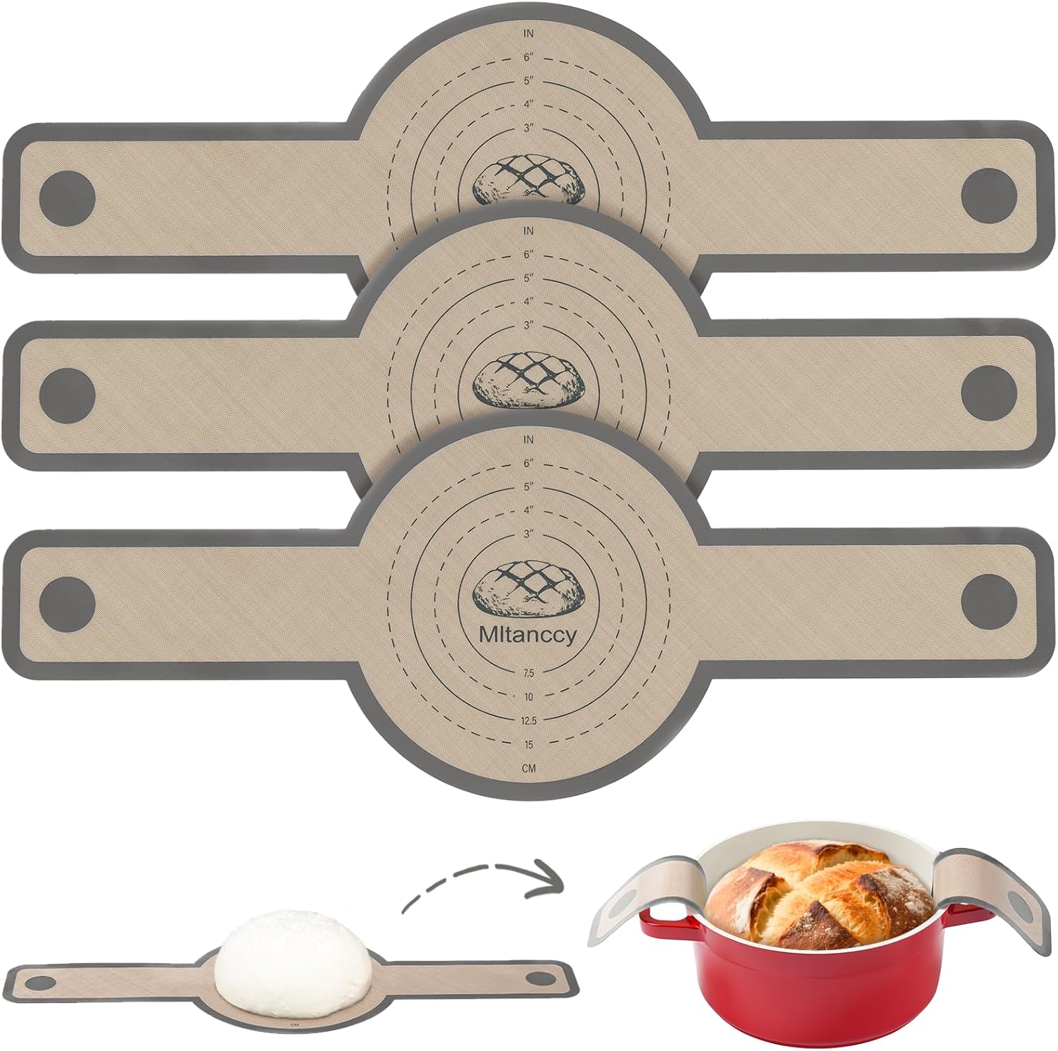 3 PCS Silicone Bread Sling for Dutch Oven Liners, Non Stick & Easy to Clean Silicone Bread Baking Mat with Extra Long Handles, Reusable Round Silicone Baking Mats to Transfer Sourdough Bread