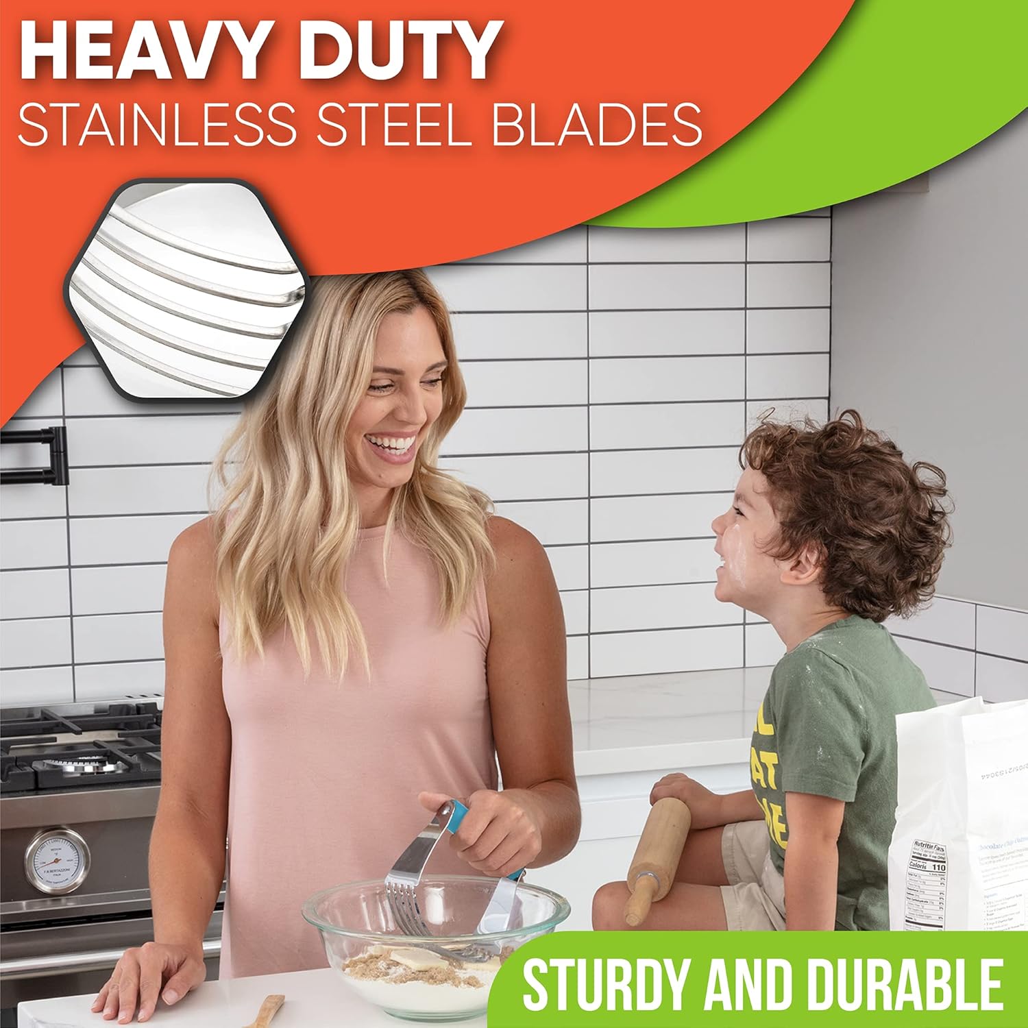 Spring Chef Large Dough Blender For Baking, Dishwasher Safe Dough Cutter Tool, Stainless Steel Pastry Cutter Tool with Sharp Blades, Manual Pastry Blender for Easy Mixing - Aqua Sky