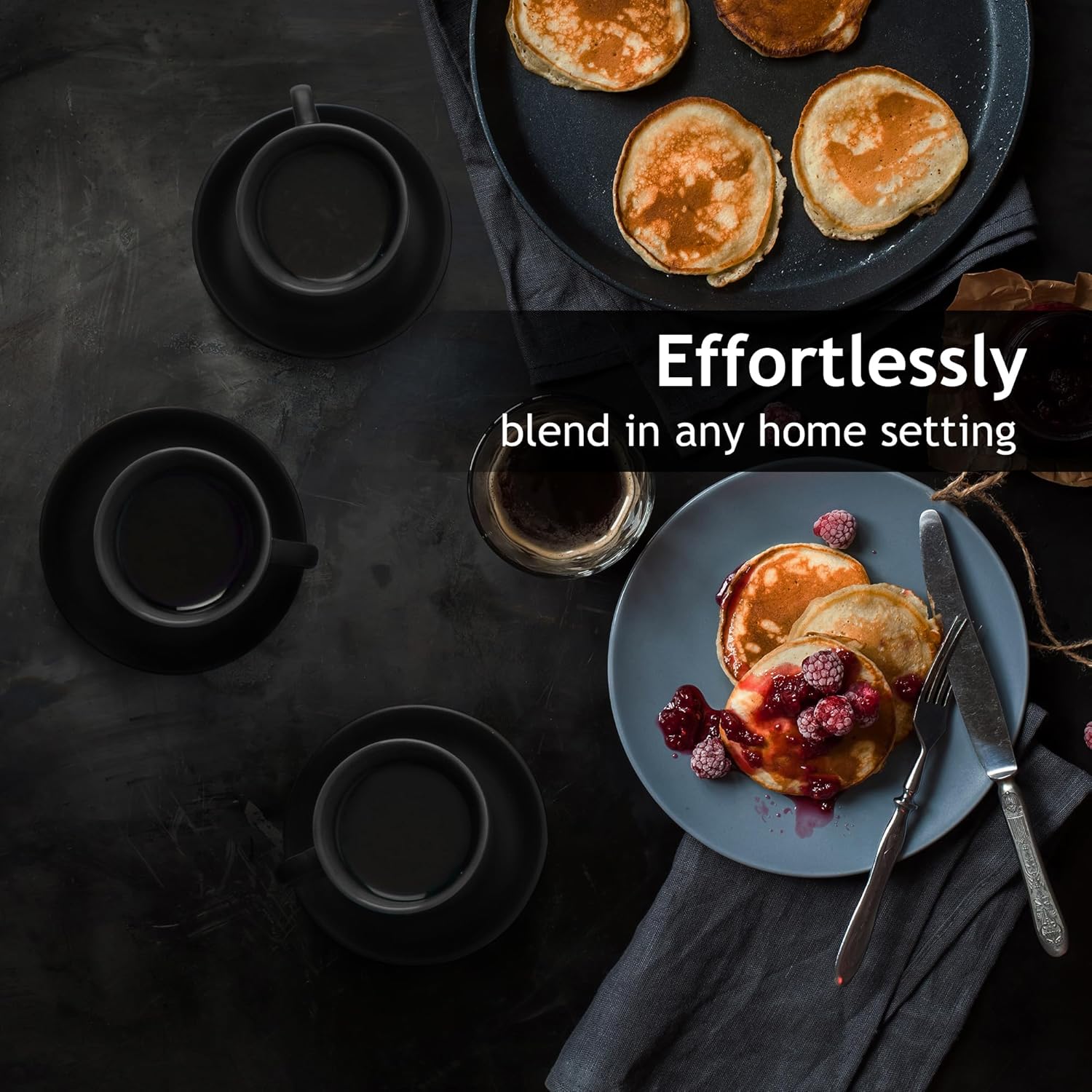 MIAMIO - 2.5 oz Espresso Cup Set with Saucers Coffee Mug Set of 6 - Ceramic Coffee Mug Stackable Espresso Mug with Stand for Coffee Drinks, Latte, Cafe Mocha - Le Papillon Collection (Black)