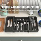 Silverware Drawer Organizer, Expandable Utensil Tray Adjustable from 13-22.4" Wide, BPA-Free Plastic Cutlery Holder with 8 Compartments, Black