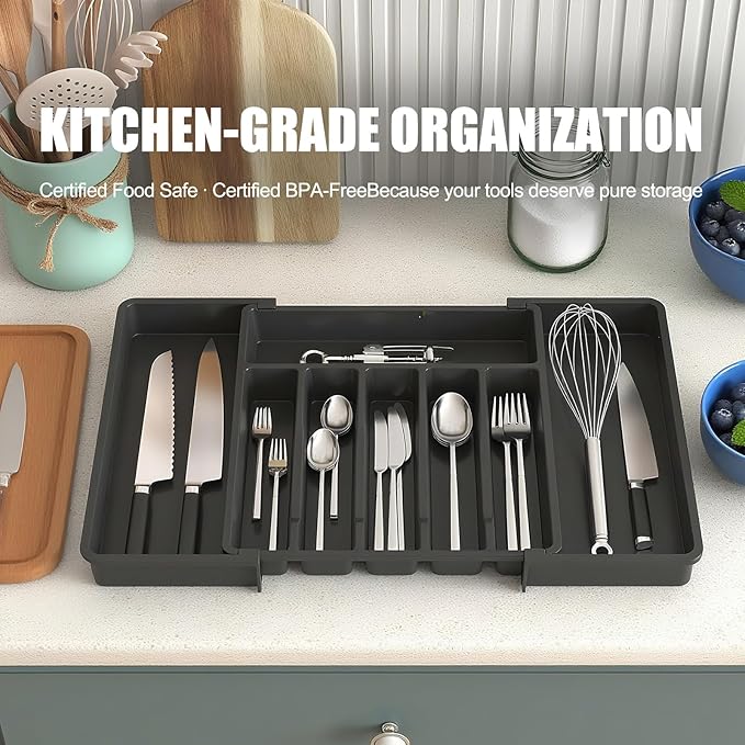 Silverware Drawer Organizer, Expandable Utensil Tray Adjustable from 13-22.4" Wide, BPA-Free Plastic Cutlery Holder with 8 Compartments, Black