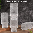 16OZ Glass Tumbler with Straw and Lid,Glass Cups with Lids and Straws,Ribbed Iced Coffee Cups Vintage Embossed Glassware for Juice Whiskey Cocktail Beer(2Pack)