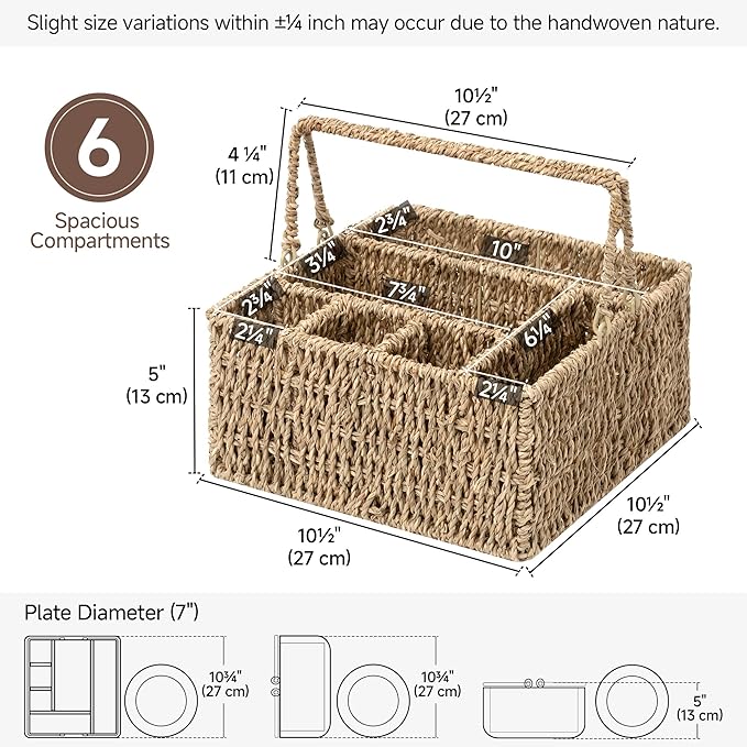 StorageWorks Wicker Silverware Organizer with Handle, Seagrass Kitchen Utensil Holder, Large Utensil Holder for Kitchen Counter, Spoon Forks Knife Cutlery Caddy, Paper Plate Dispenser for Countertop