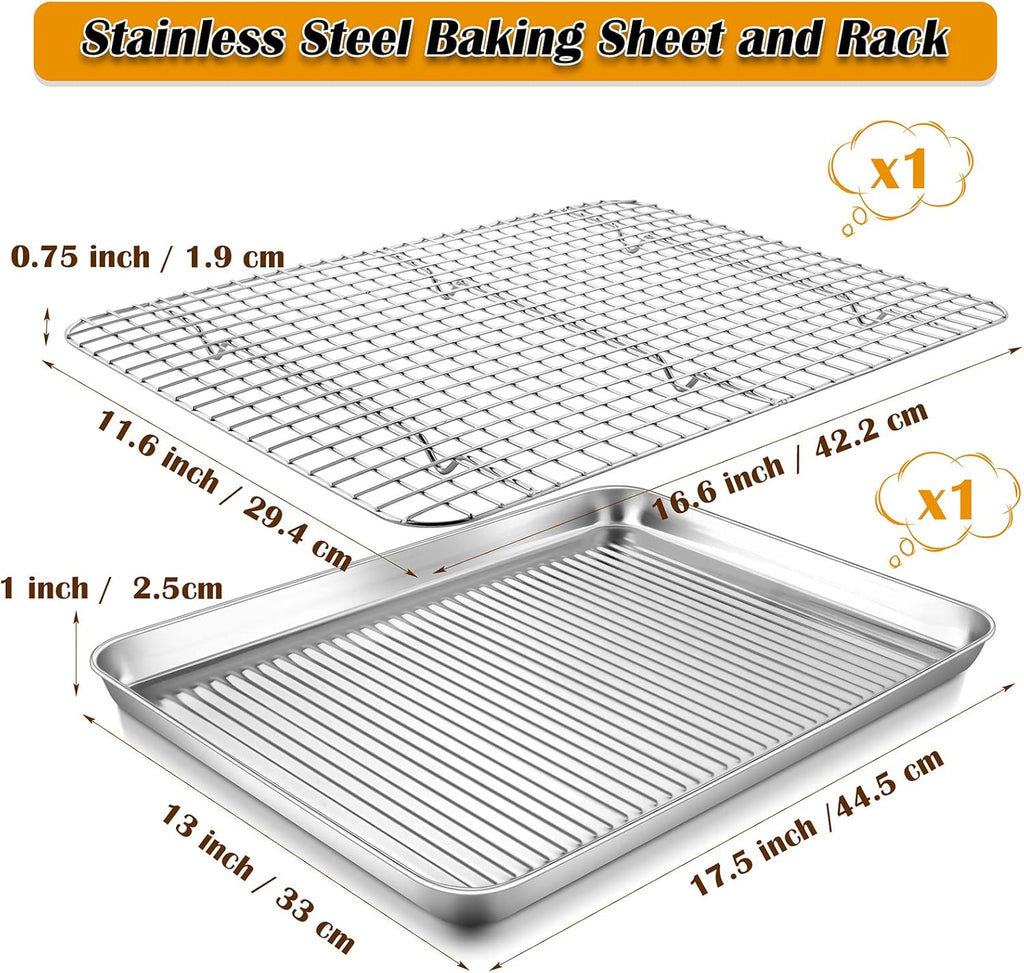 P&P CHEF Baking Oven Pan with Wire Rack, Stainless Steel Baking Oven Sheet Tray, Bacon Pan and Cooling Rack for Cooking Roasting Cookie, Dishwasher Safe & Easy Clean, 17.5 x 13 x 1 Inch