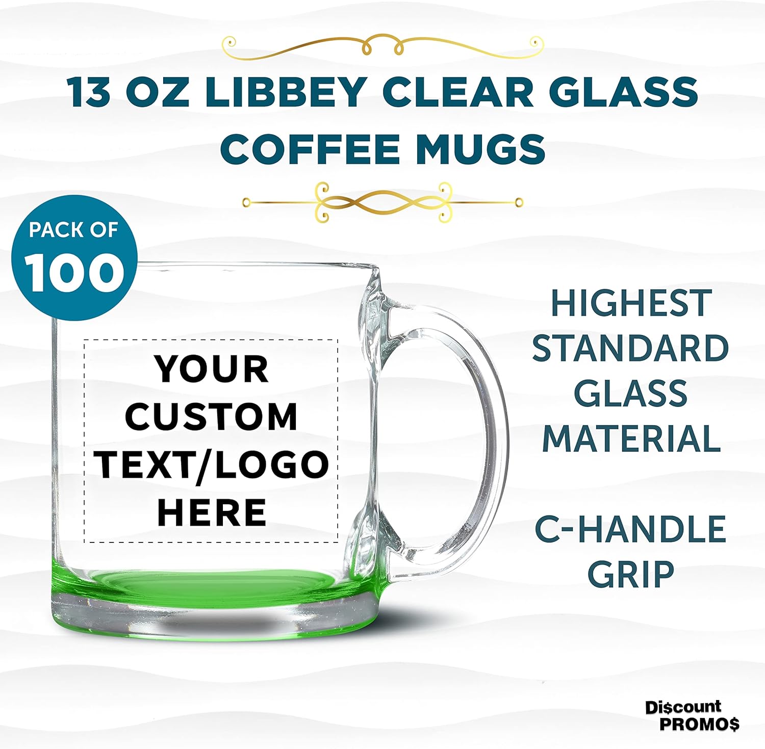 Custom Libbey Clear Glass Coffee Mugs 13 oz. Set of 100, Personalized Bulk Pack - Perfect for Coffee, Tea, Espresso, Hot Cocoa, Other Beverages - Green Bottom