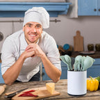 Kitchen Utensil Holder Extra Large 360°Rotating For Counter Organizer Stainless Steel Storage Cooking Silverware Caddy 3 Compartment Flatware Spoon Spatula Tool Cutlery Container（White）