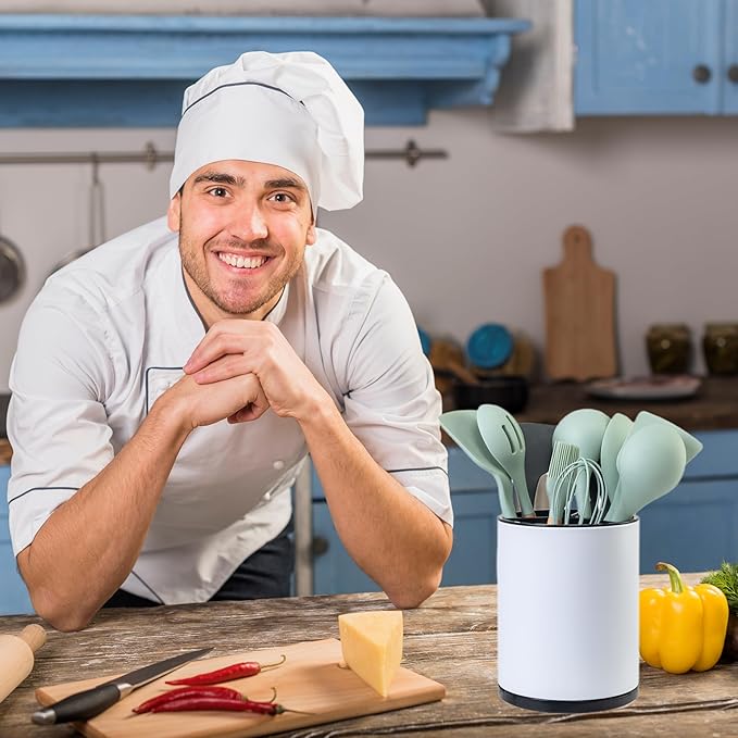 Kitchen Utensil Holder Extra Large 360°Rotating For Counter Organizer Stainless Steel Storage Cooking Silverware Caddy 3 Compartment Flatware Spoon Spatula Tool Cutlery Container（White）