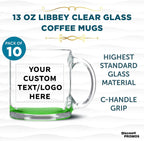Custom Libbey Clear Glass Coffee Mugs 13 oz. Set of 10, Personalized Bulk Pack - Perfect for Coffee, Tea, Espresso, Hot Cocoa, Other Beverages - Green Bottom
