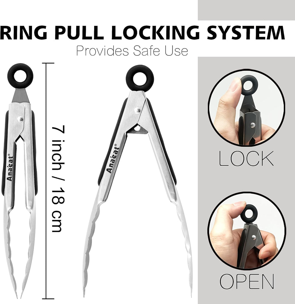 Anaeat 3 Pack 7" Mini Stainless Steel Locking Tongs - Sturdy Coiled Spring Kitchen Food Tong with Non-Slip Silicone Tips and Grip for Serving, Cooking, Baking and BBQ - Heat Resistant Metal Tongs
