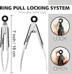 Anaeat 3 Pack 7" Mini Stainless Steel Locking Tongs - Sturdy Coiled Spring Kitchen Food Tong with Non-Slip Silicone Tips and Grip for Serving, Cooking, Baking and BBQ - Heat Resistant Metal Tongs