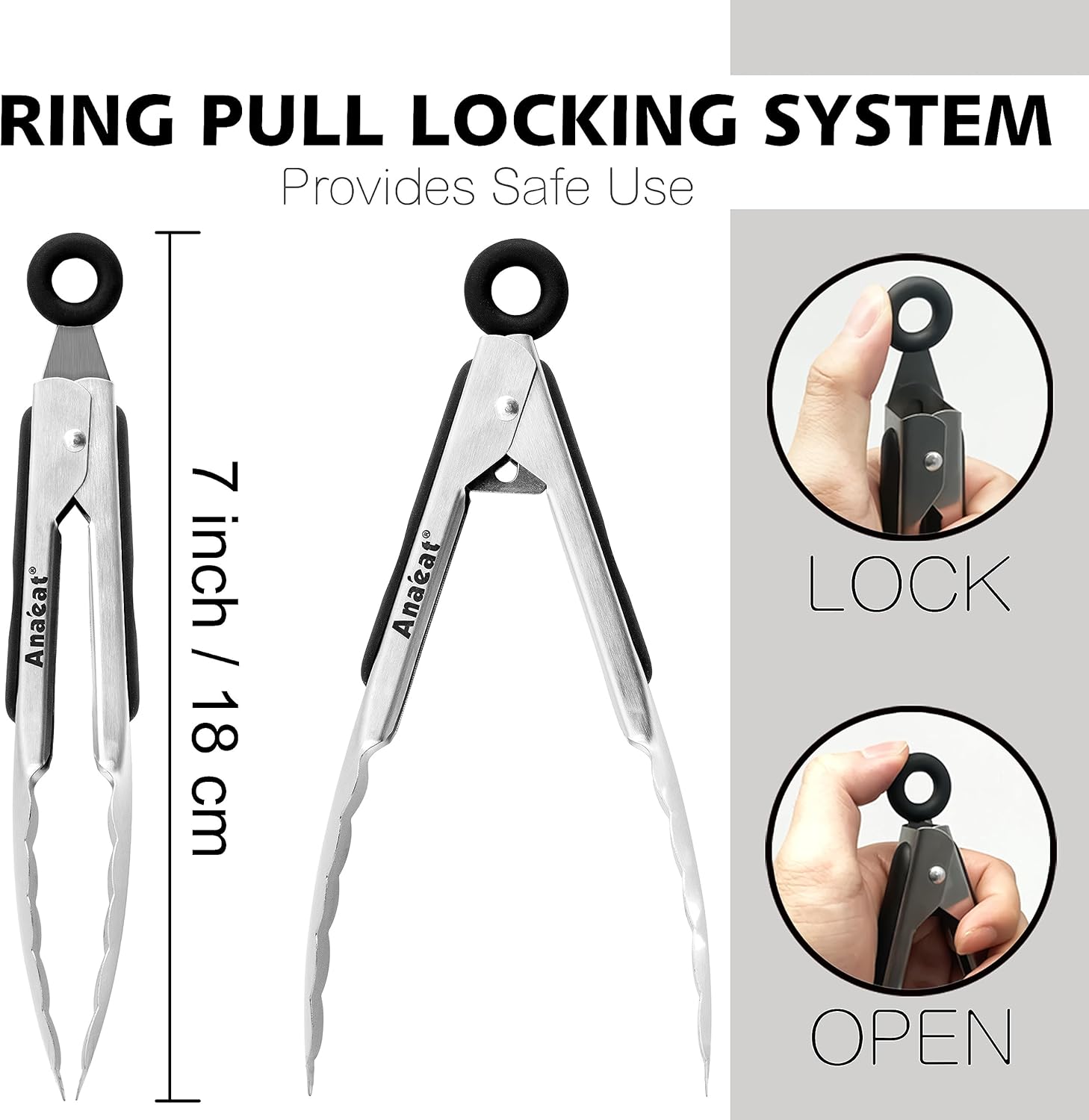 Anaeat 3 Pack 7" Mini Stainless Steel Locking Tongs - Sturdy Coiled Spring Kitchen Food Tong with Non-Slip Silicone Tips and Grip for Serving, Cooking, Baking and BBQ - Heat Resistant Metal Tongs