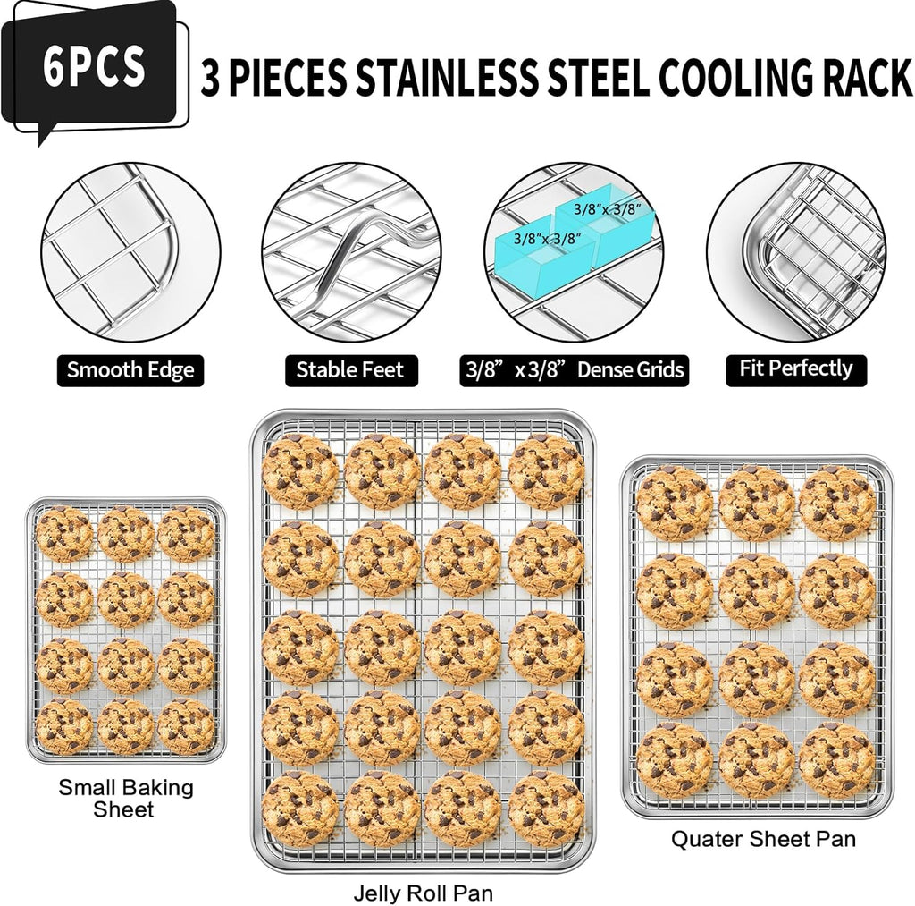 CEKEE Baking Sheet with Wire Rack Set of 6 (3 Cookie Sheets for baking + 3 Cooking Racks), Stainless Steel Stainless Steel Baking Pans Set with Cooling Rack - Heavy Duty & Dishwasher Safe