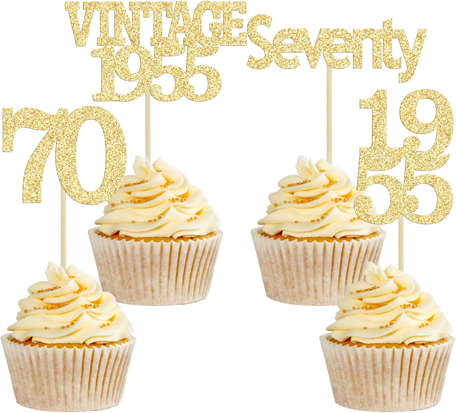 Gyufise 24Pcs 70th Birthday Cupcake Toppers Glitter Cheers to 70 Fabulous Seventy Vintage 1955 Cupcake Picks 70th Birthday Wedding Anniversary Party Cake Decorations Supplies Gold