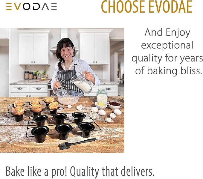 EVODAE® Popover Pans in Holiday Gift Box – Set of 2, 12 Cup (2x6) Nonstick Pro-Grade Carbon Steel Bakeware – Strong Built Metallic Cups – PFOA & PTFE Free – Great Gift for Bakers & Holiday Meals