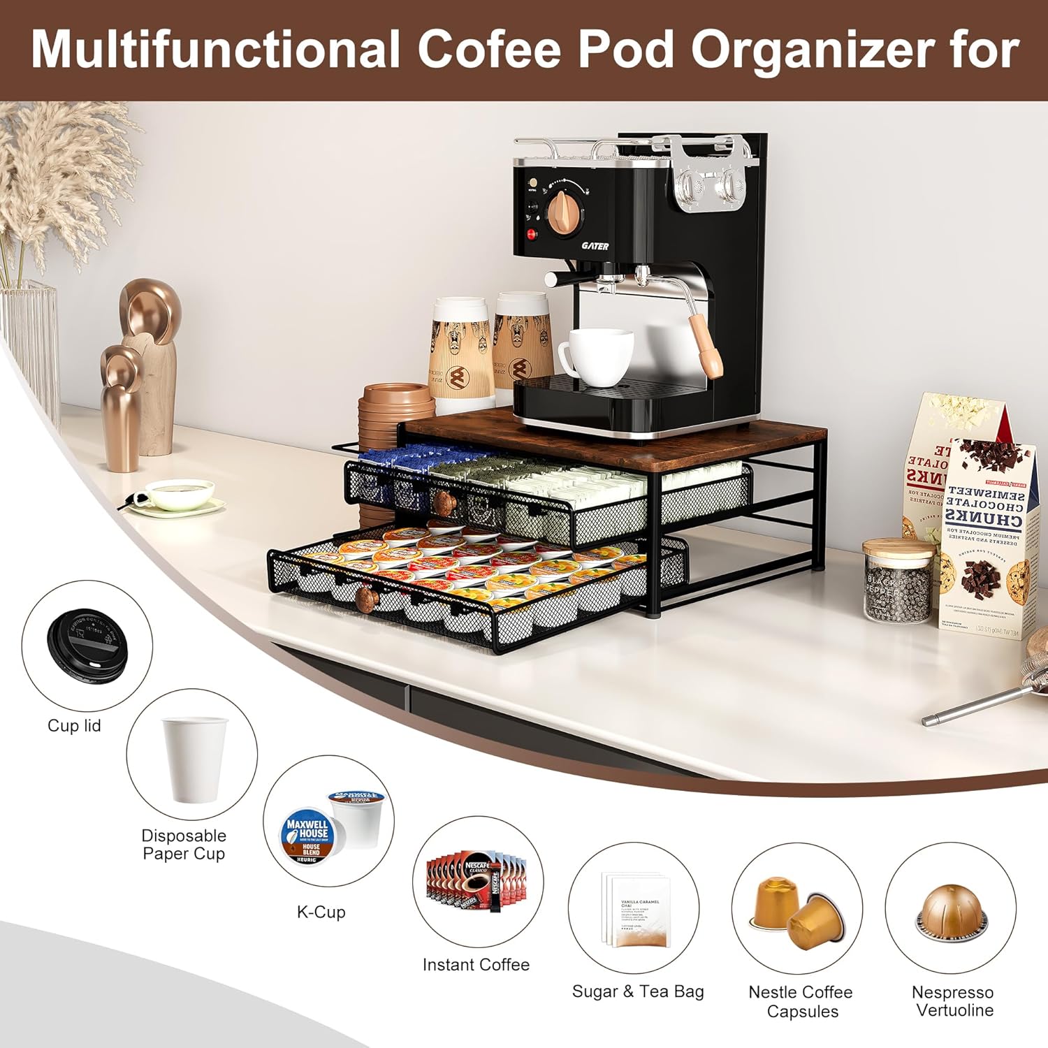 Coffee Bar Organizer, 60 Capacity K Cup Organizer for Countertop, 2 Tier Sliding Coffee Pod Storage Drawer with Disposable Cup & Lid Holder, Black