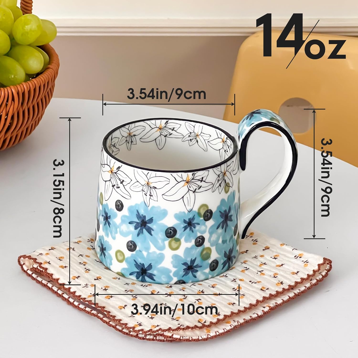 Ceramic Coffee Mug, 12oz Cute Floral Coffee Mugs with Large Handle, Blue Flower Design Stoneware Tea Cup for Office and Home