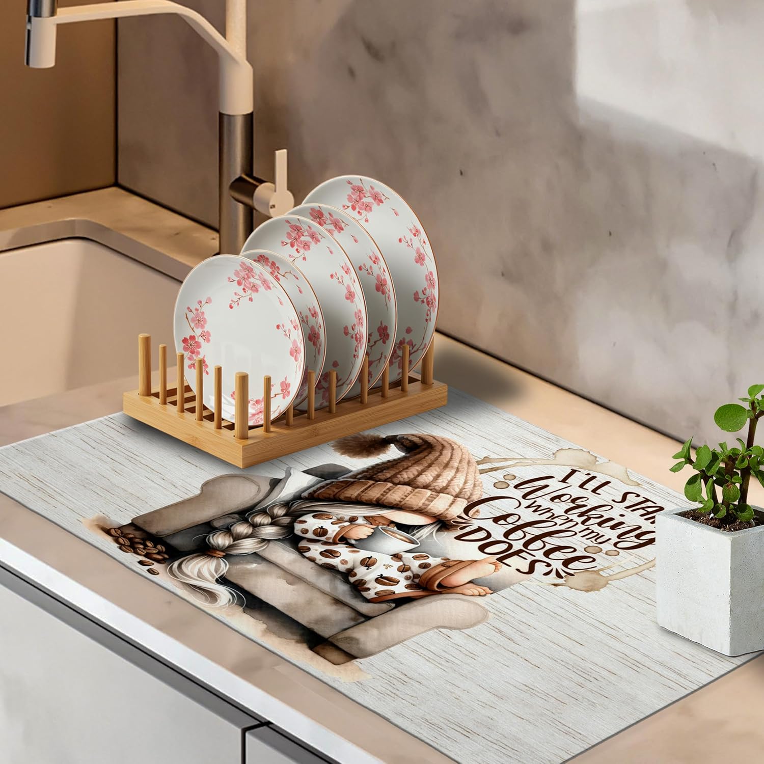 Espresso Lovers Gifts Dish Drying Mat, Funny Cute Gnome Girl Coffee Bar Mat for Countertops, Espresso Absorbent Dish Drying Mats for Kitchen Counter Coffee Maker, 16x24 Inch