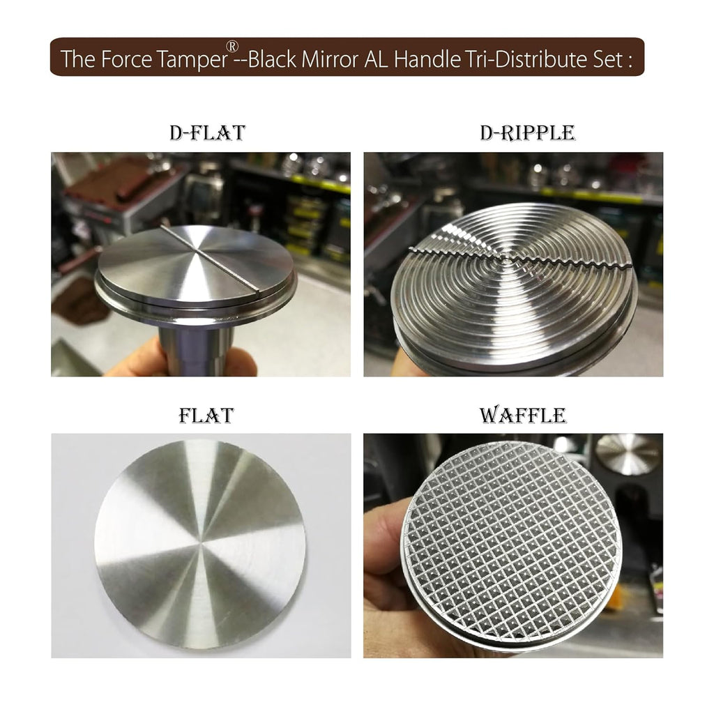 The Force Tamper Automatic Impact Adjustable Constant Pressure and Autoleveling Coffee Tamper Black Mirror Jellyfish AL Handle Set Pro (TRI-Distribute Set, 58.50mm)