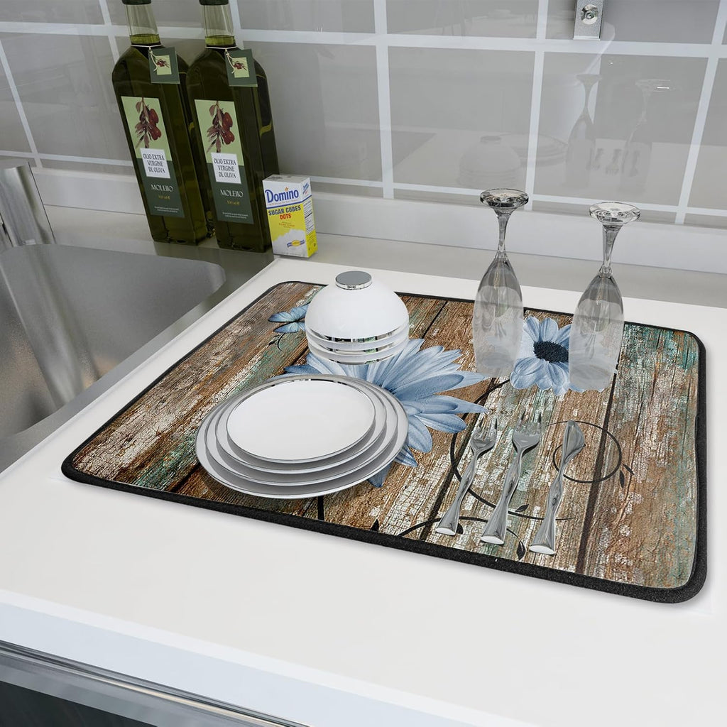 Rustic Daisy Dish Drying Mat for Kitchen Countertop 18x24 inch Blue Sunflowers on Wooden Board Dish Drainer Mats Fast Drying Country Vintage Style Shabby Chic Flower Dish Drying Pad Decor Large