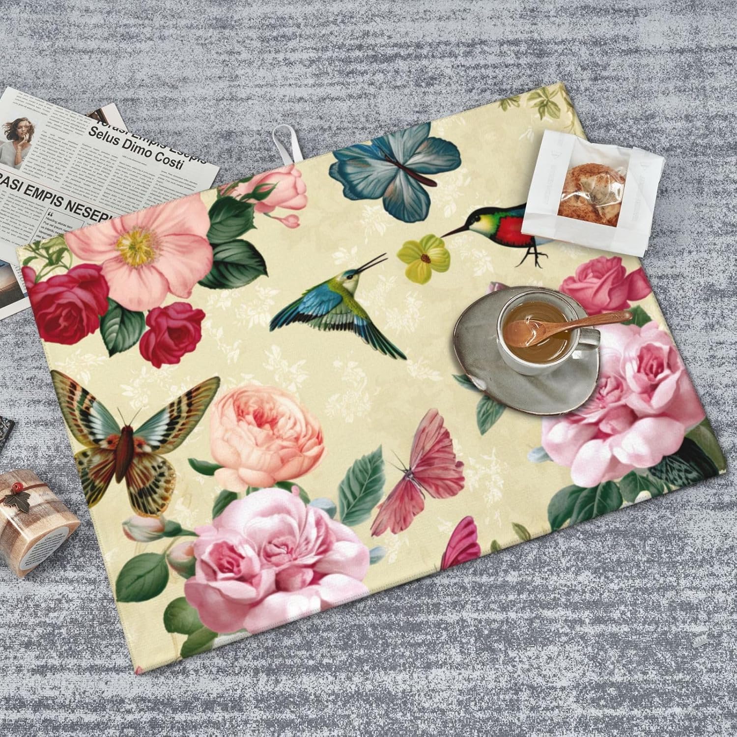 Large Dish Drying Mats For Kitchen Counter Microfiber Kitchen Drying Mat XL Draining Pad Absorbent Quick Drying Dish Mat 18x24 Inch - Birds Floral