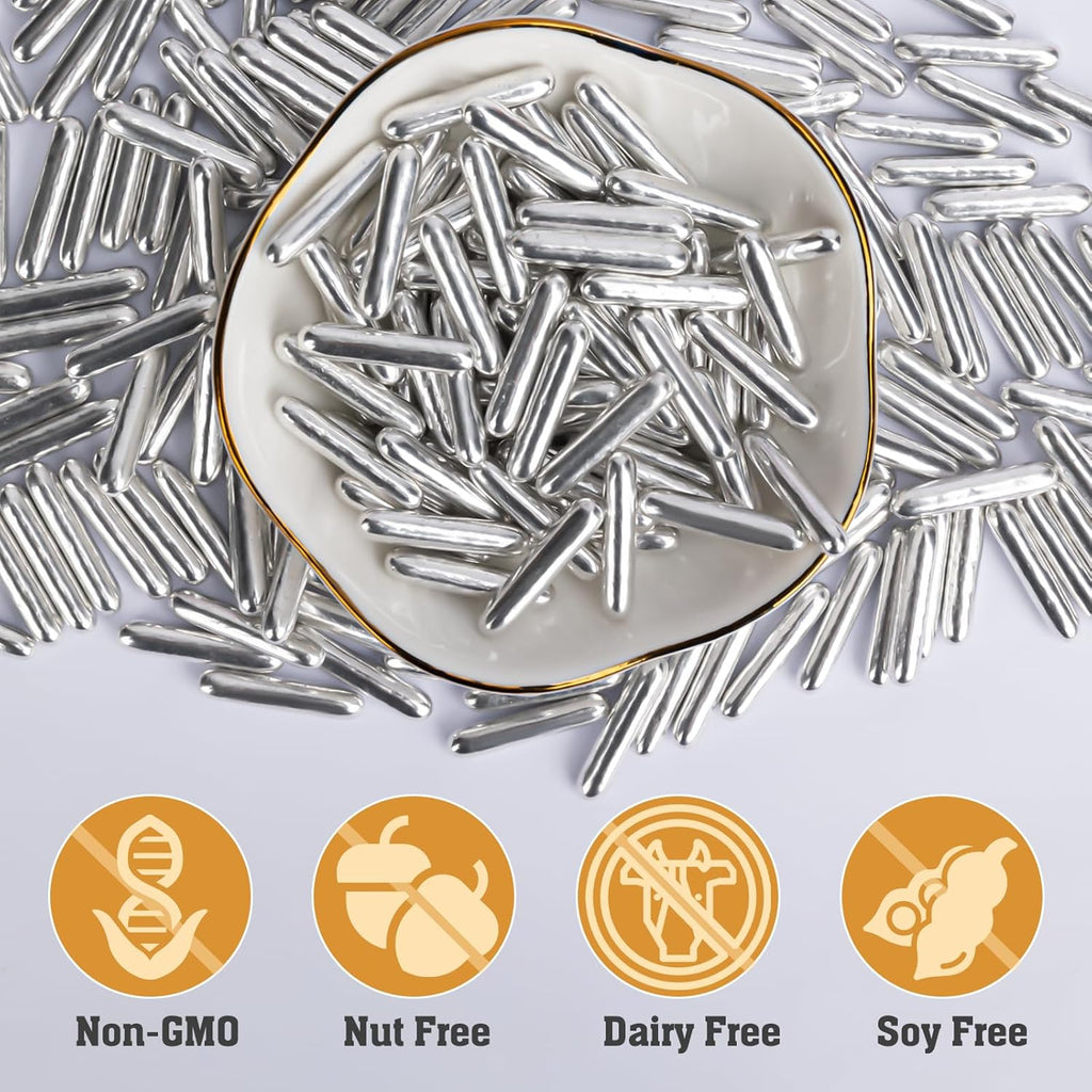 Twisweet Silver Rods Sprinkles, Edible Sugar Sprinkles for Cake Decorating, Candy Rods for Baking Cake Topper Ice Cream Cupcake Cookie Donut Decorations, Wedding Valentines Birthday Party Christmas Easter Supplies (130g/4.58oz)