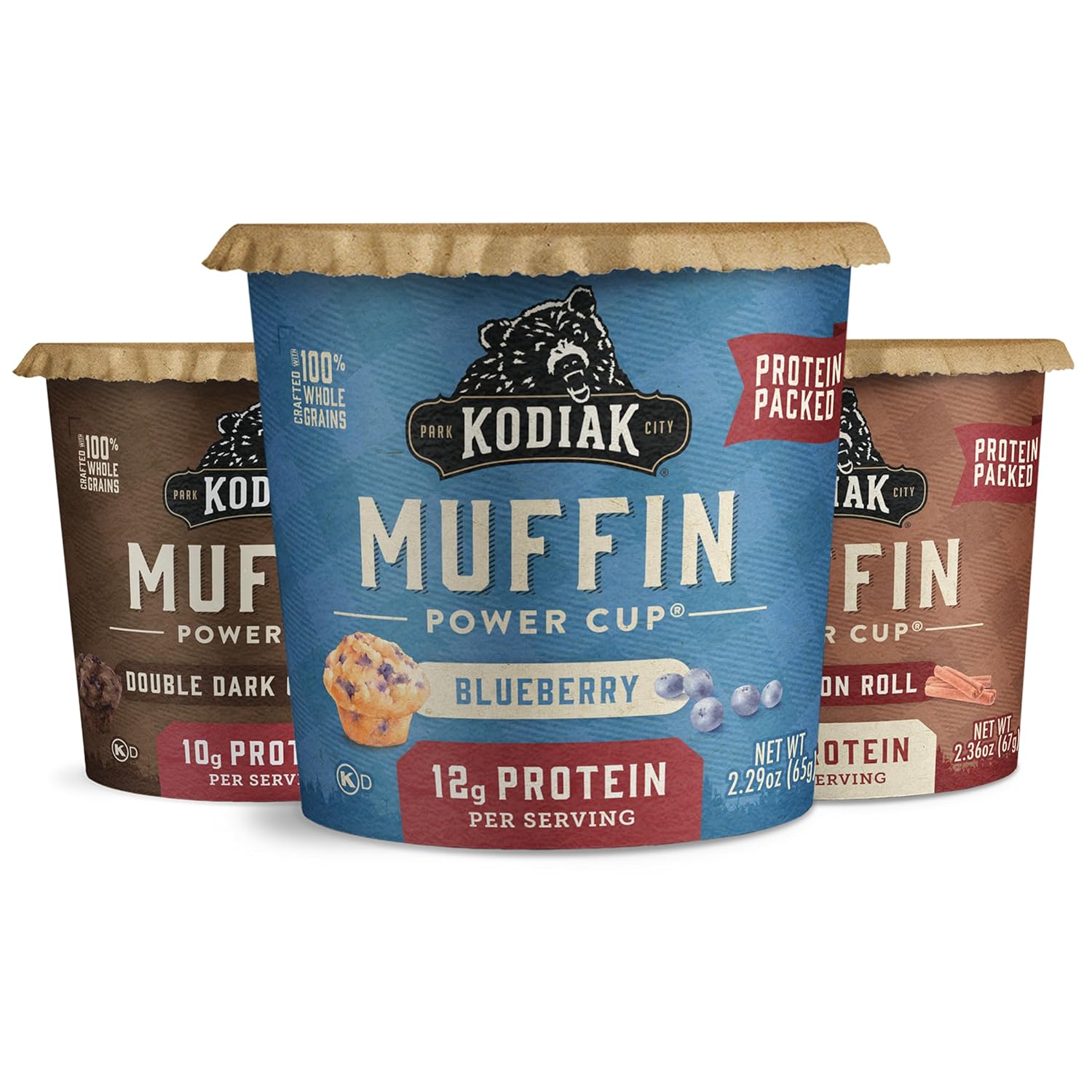Kodiak Cakes Minute Muffin Cup Variety Pack - 100% Whole Grains, Double Dark Chocolate, Blueberry & Cinnamon Roll (Pack of 12)
