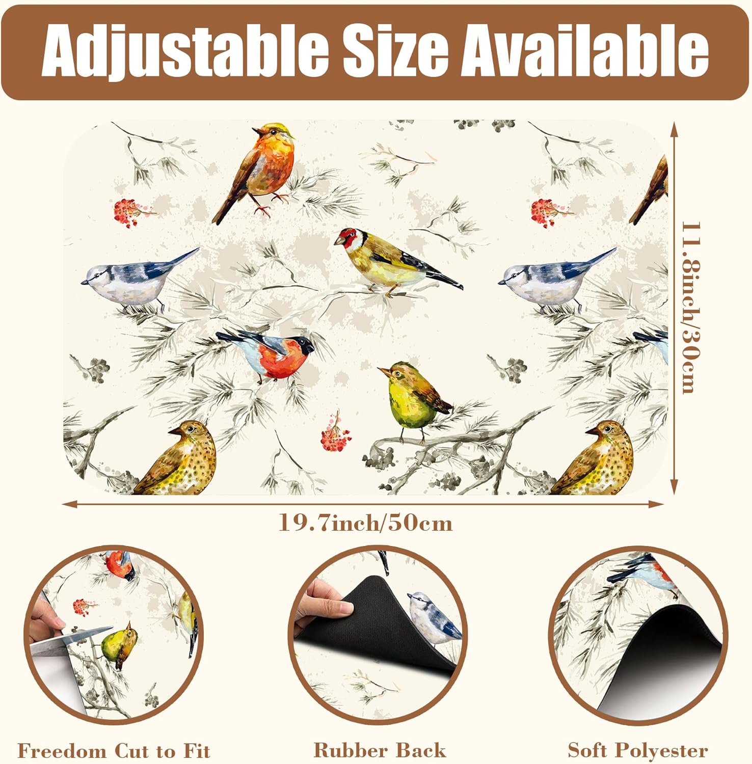 Cute Birds Coffee Mat Absorbent Dish Drying Mat for Kitchen Counter Hide Stain Rubber Backed Coffee Bar Accessories Fit Under Espresso Machine Cafe Table, 11.8 x 19.7 Inch