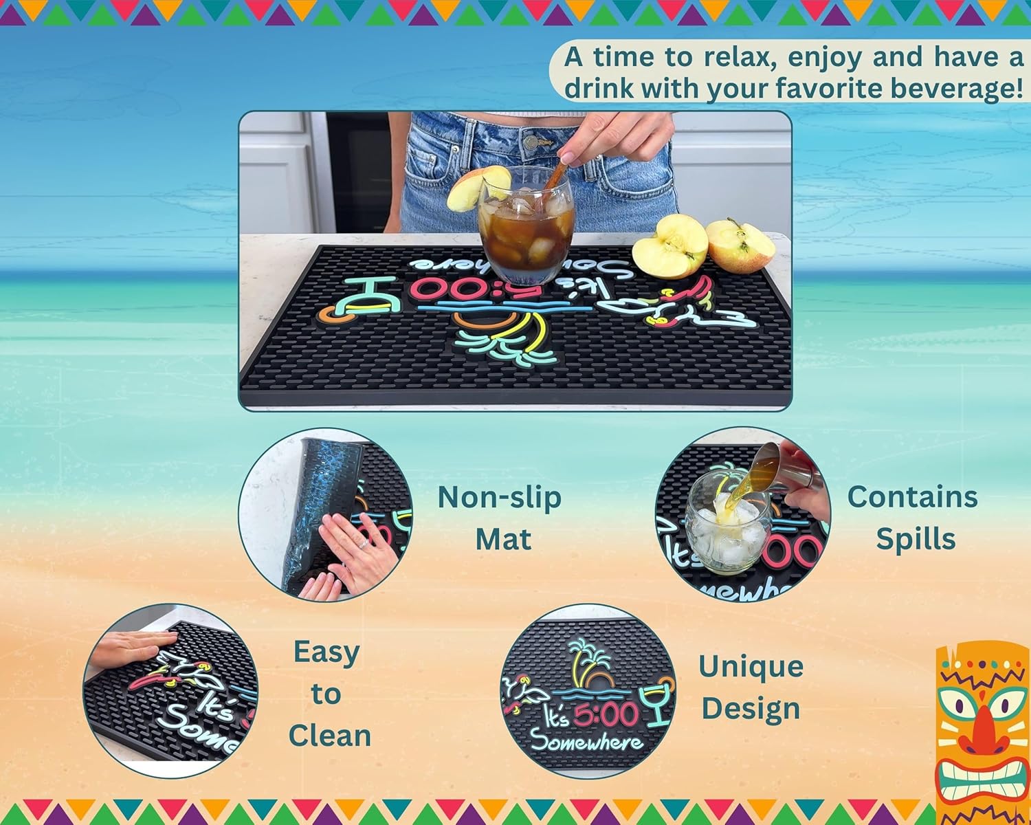 It's 5:00 Somewhere Tiki Bar Mat 18x12 in, Bar Mats for Bartending for Hawaiian Decorations, Luau Party Decorations & Hawaiian Party Decorations, Bar Mats for Countertop, Tiki Bar Essentials