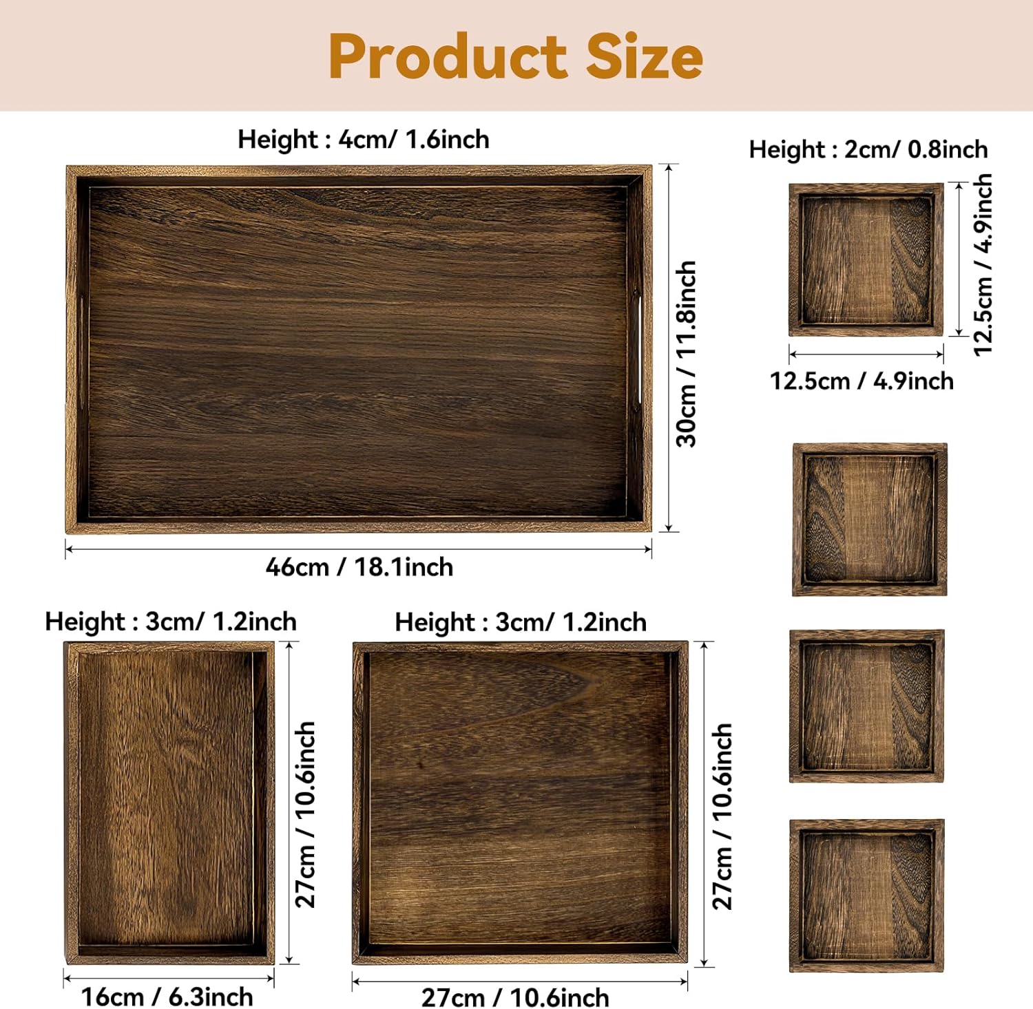 Rustic Wooden Serving Trays with Handle, Serving Platters, Charcuterie Board Set of 7 Nesting Food Trays for Serving Food, Home Decor, Breakfast, Coffee Table, Bed Tray, Picnic