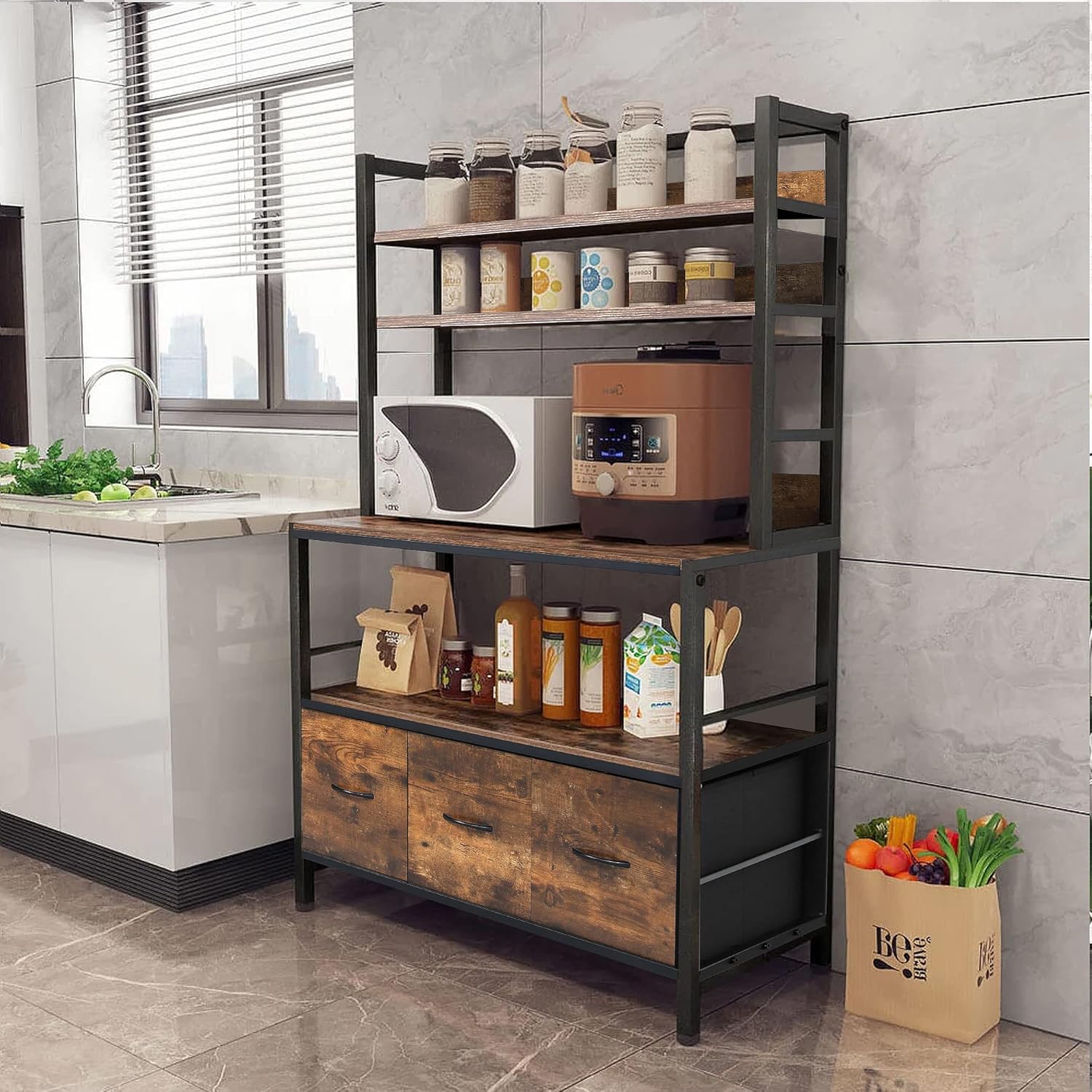 Kitchen Bakers Rack with Baskets,5-Tier Free Standing Storage Shelf Rack,Industrial Microwave Oven Stand,Metal Kitchen Rack Organizer with Hooks