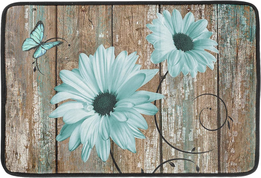 Rustic Daisy Dish Drying Mat for Kitchen Countertop 18x24 inch Teal Sunflowers on Wooden Board Dish Drainer Mats Fast Drying Country Vintage Style Shabby Chic Flower Dish Drying Pad Decor Large