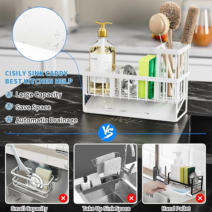 Cisily Sink Caddy Sponge Holder - Stainless Steel Rustproof, High Brush Holder, Dish Sponge Organizer with Divider (White)